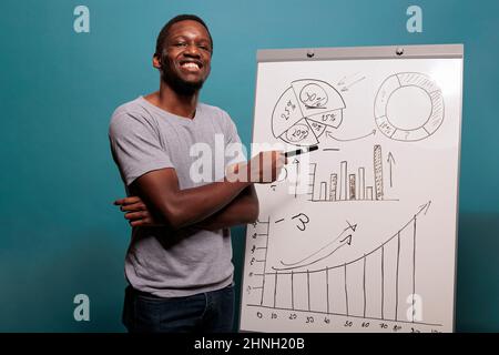 Cheerful consultant doing financial presentation on whiteboard, using charts and statistics to explain economy report in studio. Confident person using placard to plan marketing growth. Stock Photo