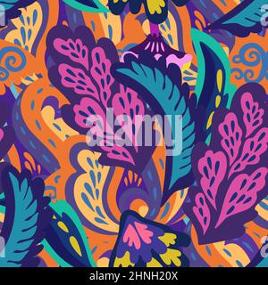 Bright colorful seamless pattern with floral and plants element in psychedelic vibrant funky style. Stock Vector