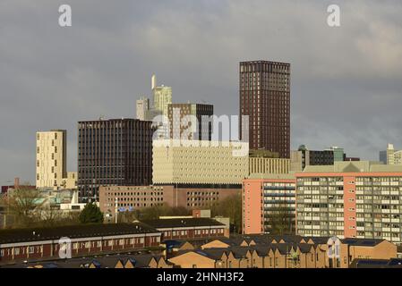 Manchester, UK.  17th February, 2022. Sunshine in the early morning in Manchester, England, United Kingdom. High level view of skyscrapers in central Manchester after storm Dudley passes and Storm Eunice is expected on 18th February.  Credit: Terry Waller/Alamy Live News Stock Photo