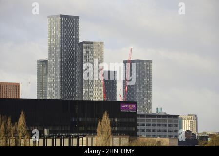Manchester, UK.  17th February, 2022. Sunshine in the early morning in Manchester, England, United Kingdom. High level view of skyscrapers in central Manchester after storm Dudley passes and Storm Eunice is expected on 18th February.  Credit: Terry Waller/Alamy Live News Stock Photo
