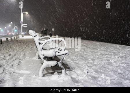 Snow cityscape of a street in Istanbul Turkey with a blizzard. Winter snowstorm 2022 in Istanbul. Stock Photo