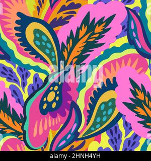 Bright colorful seamless pattern with floral and plants element in psychedelic vibrant funky style. Stock Vector