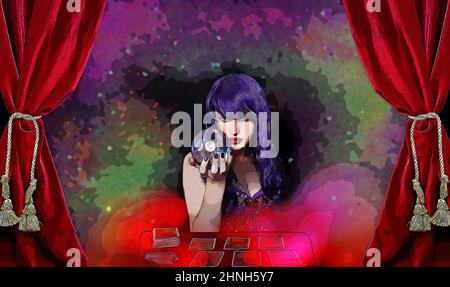 Psychic with Crystal Ball and tarot cards in Red Velvet Tent Stock Photo