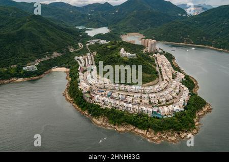 Aerial from helicopter showing the residential developments on Red Hill Peninsula, Hong Kong Island, 2008 Stock Photo