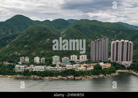 Aerial from helicopter showing the residential developments along Tai Tam Road, Stanley, Hong Kong Island, 2008 Stock Photo