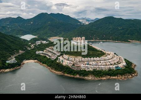 Aerial from helicopter showing the residential developments on Red Hill Peninsula, Hong Kong Island, 2008 Stock Photo