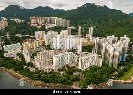 Aerial from helicopter showing Wah Fu and Wah Kwai public housing estates, Pokfulam, Hong Kong Island, 2008 Stock Photo