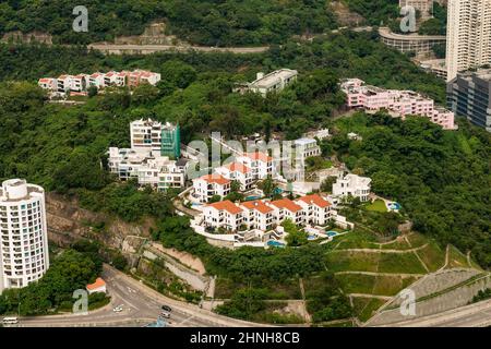 Aerial from helicopter showing Carrianna Sassoon, Aegean Terrace and Magnolia Villas, Pokfulam, Hong Kong Island, 2008 Stock Photo