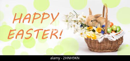 A long banner with the text Happy Easter with a beautiful little rabbit in a basket and painted eggs. Stock Photo