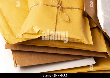 Close up shot of stack of padded mailing envelopes Stock Photo