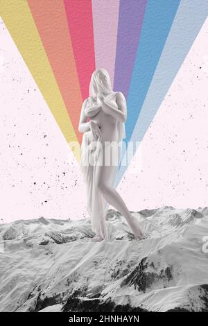 Contemporary art collage. Young beautiful woman covered with transparent cloth isolated over multicolored background Stock Photo