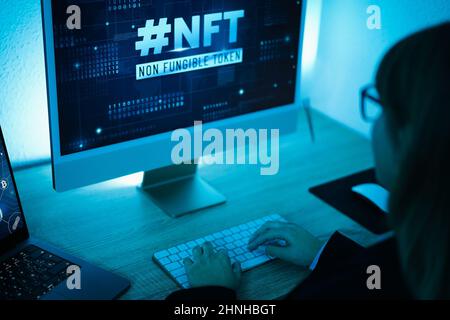 Trader woman working with decentralized finance technology - New alternative financial concept - Focus on left hand Stock Photo