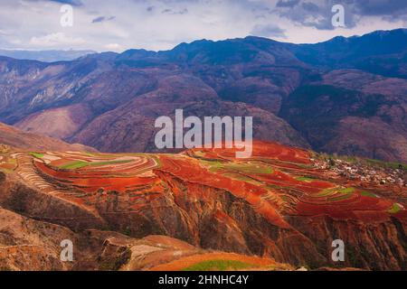 The scenery of terraces fields or the Red Land of Dongchuan, tourist attraction in China. Stock Photo