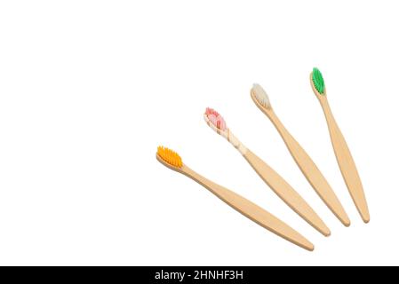 Bamboo toothbrush isolated on a white background. Top view. Stock Photo