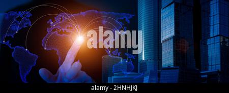 Global social and technology network communication concept. A businessman touches a global web map. Future, 5G, Big Data innovations and development banner. High quality photo Stock Photo