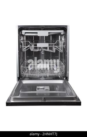 Modern open dishwasher with metal shiny elements isolated on white background Stock Photo