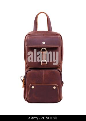 Small brown leather backpack isolated on white background Stock Photo