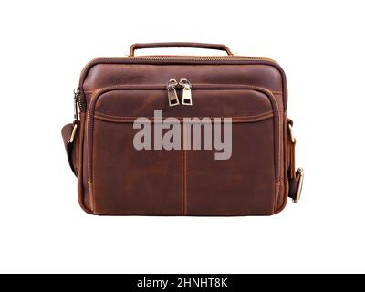 Modern brown leather briefcase isolated on white background. Stock Photo