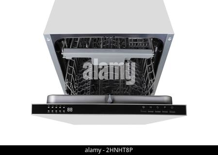 Top view of the modern dishwasher with control panel isolated on white background Stock Photo
