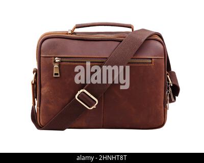 Colorful leather brown handbag with the long handle placed on white background Stock Photo