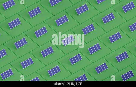 Isometric green background of solar panels.Concept of renewable energy. Ecological, clean energy. Eco, green energy Stock Photo