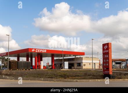 Campos, Spain; february 13 2022: Service and vehicle refueling station of the multinational company Cepsa, in the Majorcan town of Campos Stock Photo