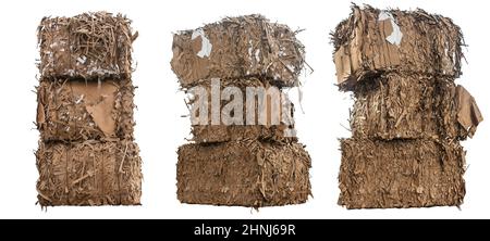 Several boxes of recycled waste paper isolated on white background. Stock Photo