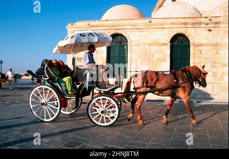 Carriage in the harbour of Chania,  Crete, Greece, Europe Stock Photo