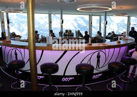 James Bond Champagne Bar at the Shilthorn revolving restaurant in the room featured in 'On Her Majestys Secret Service' film Stock Photo