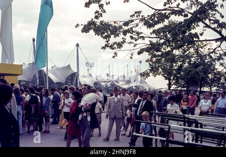 The Olympic Games in Munich. Visitors in the Olympiapark, 09.1972, Munich, Bavaria, Germany Stock Photo