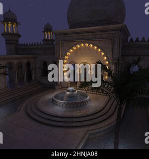 3d illustration of a fantasy place with arabic oder indian building at night Stock Photo