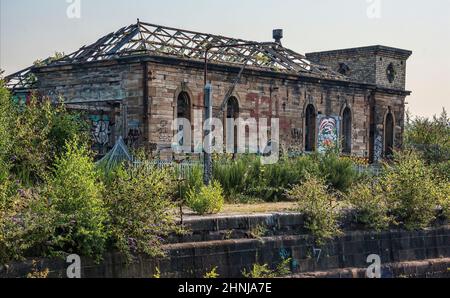 Derelict Pump House at abandoned Glasgow Graving Docks. Stock Photo