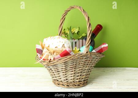 Concept of tasty Easter food on white wooden table Stock Photo