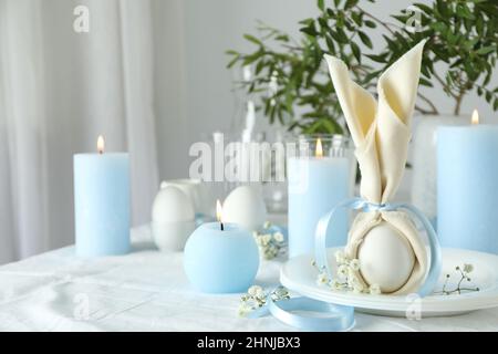 Concept of Easter table setting, space for text Stock Photo