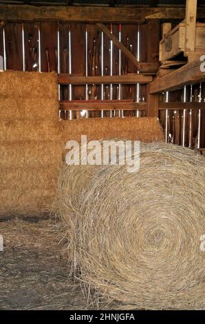 Close up of Round and Square Hay Bales in an old wooden Barn Stock Photo