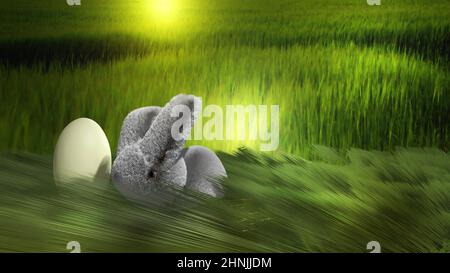 Easter background with bunny rabbit in the meadow. 3D render illustration. Stock Photo