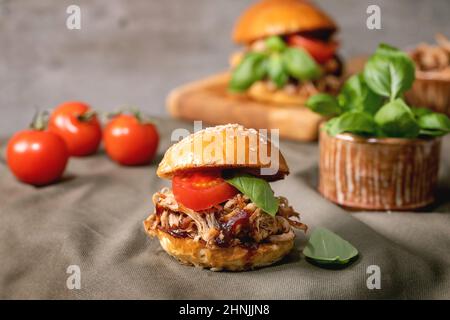 Set of homemade mini burgers with stew beef, tomatoes and basil standing on kitchen table with ingredients around. Modern delicious fast food Stock Photo