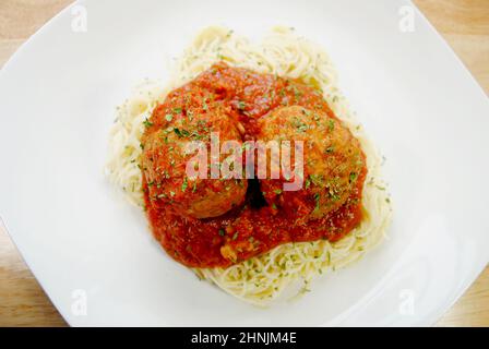 Angel Hair Pasta with Two Meatball and Tomato Sauce Stock Photo