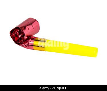 Party foil horn pink yellow noisemaker for carnival isolated on the white background Stock Photo