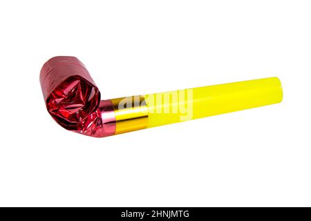 Party foil horn pink yellow noisemaker for carnival isolated on the white background Stock Photo