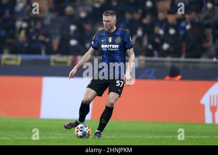 Milan, Italy, February 16, 2022, Milan Skriniar of Fc Internazionale  controls the ball during the UEFA Champions League Round Of Sixteen Leg One match between Fc Internazionale and Liverpool Fc at Stadio Giuseppe Meazza on Februart 16, 2022 in Milan, Italy . Stock Photo