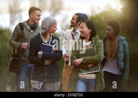 Chatting on the way to class. Cropped shot of a group of college students on campus. Stock Photo