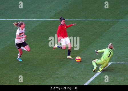 German goalkeeper Merle Frohms saves a shot from Spain's Lucia Garcia during the Arnold Clark Cup match at the Riverside Stadium, Middlesbrough. Picture date: Thursday February 17, 2022. Stock Photo
