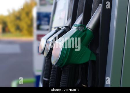 Fuel pumps station in close up Stock Photo