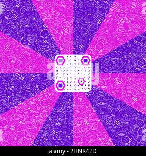 Squre shaped QR code in geometric shapes in hues of blue and magenta Stock Photo