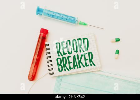 Hand writing sign Record Breaker, Business overview someone or something that beats previous best result Research Notes For Virus Prevention, Planning Stock Photo