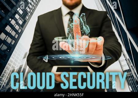 Hand writing sign Cloud Security, Conceptual photo Protect the stored information safe Controlled technology Hand Touching Screen Of Mobile Phone In O Stock Photo