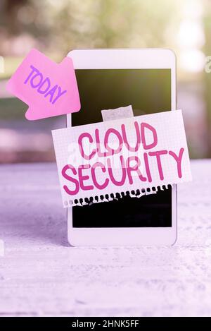 Inspiration showing sign Cloud Security, Internet Concept Protect the stored information safe Controlled technology Abstract Outdoor Smartphone Photog Stock Photo