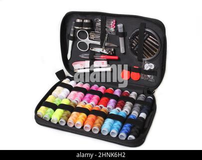 Travel Sewing Kit in Organizer Isolated on White Background Stock Photo