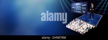 Speaker At Virtual Training Seminar. Training Conference With Audience Stock Photo